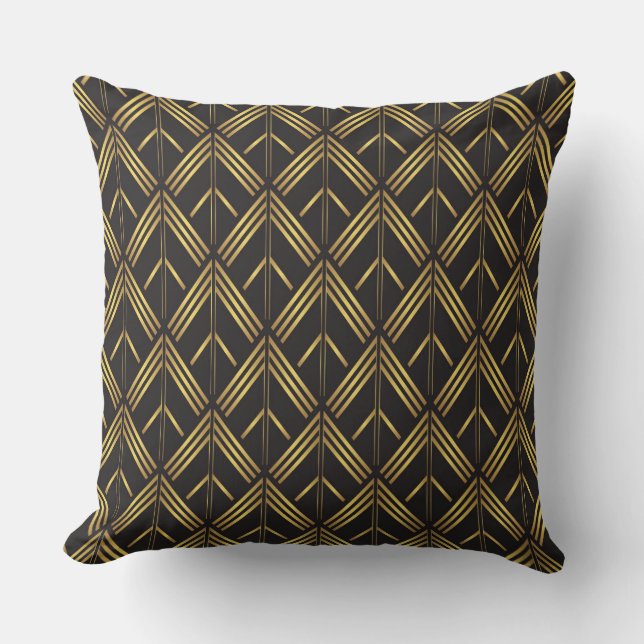 Art Deco Gold Black Arrow Pattern Cushion (Front)