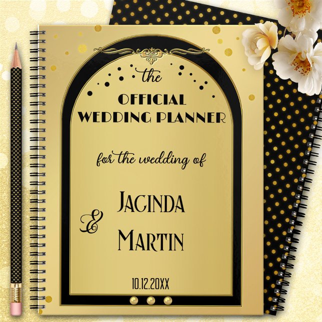 Art Deco Gold Black Confetti Wedding  Planner (A stylish art deco inspired gold and black wedding planner with festive gold sparkling confetti)