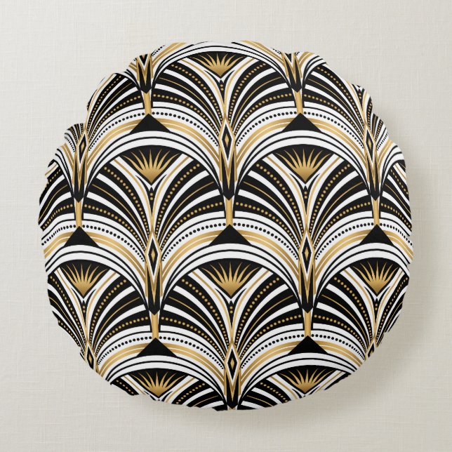 Art Deco Gold Black Elegance: Roaring Twenties Round Cushion (Front)
