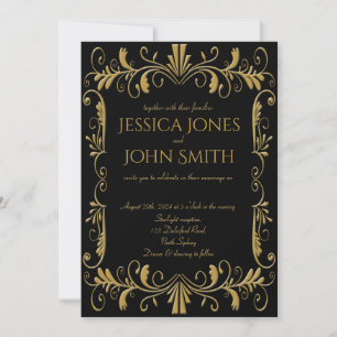 Art deco gold black elegant wedding invitation