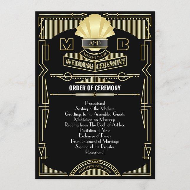 Art Deco Gold Black Entourage Order of Ceremony Programme (Front)
