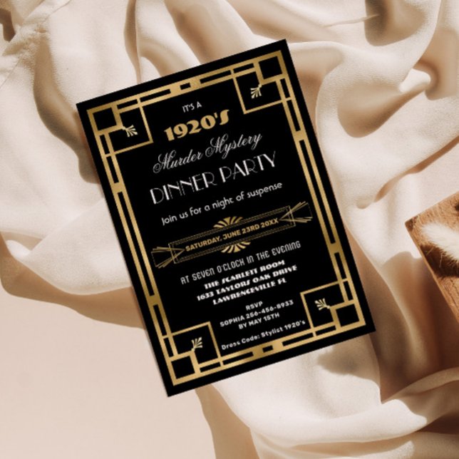 Art Deco Gold Black Geometric Murder Mystery Party Invitation (Creator Uploaded)