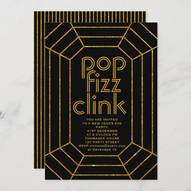 Art Deco gold black pop fizz clink New Year party Invitation (Front/Back)
