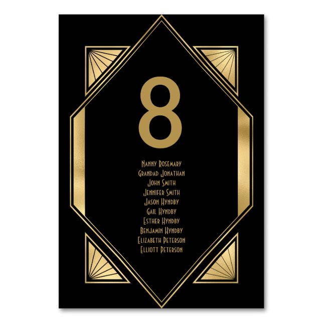 Art Deco Gold Black Wedding Guest Names Table Number (Front)
