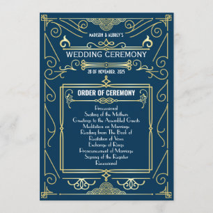 Art Deco Gold Blue Entourage Order of Ceremony Programme