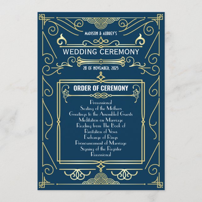 Art Deco Gold Blue Entourage Order of Ceremony Programme (Front)