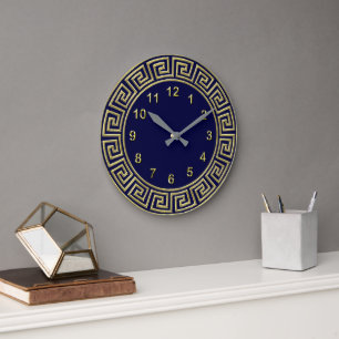 Art Deco Gold Blue Greek Key Border Gold Markers Large Clock