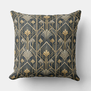 Art Deco Gold & Charcoal Black Geometric Pattern Cushion