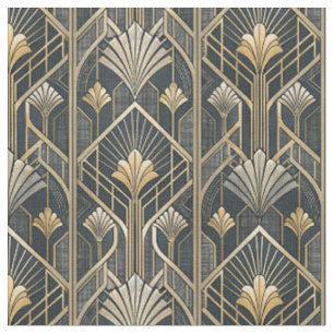 Art Deco Gold & Charcoal Black Geometric Pattern Fabric