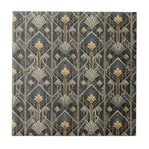 Art Deco Gold & Charcoal Black Geometric Pattern Tile