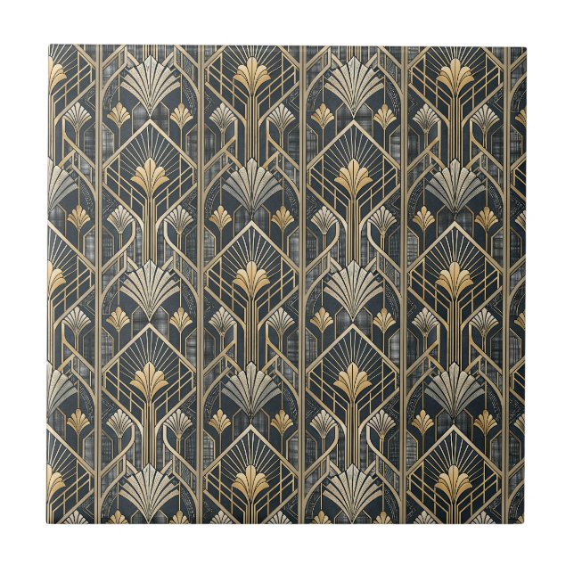 Art Deco Gold & Charcoal Black Geometric Pattern Tile (Front)