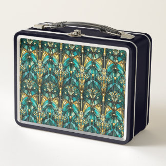 Art Deco Gold, Emerald Green & Teal Metal Lunch Box