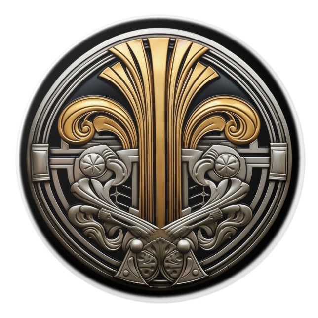 Art Deco Gold Fan Silver Abstract Art  Ceramic Knob (Front)