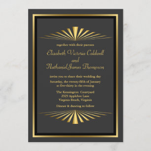 Art Deco Gold Fanfare Wedding Invitation   black