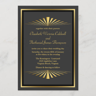 Art Deco Gold Fanfare Wedding Invitation | black