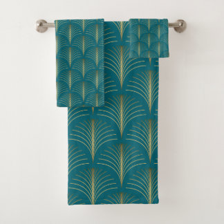Art Deco Gold Fans on Turquoise Bath Towel Set