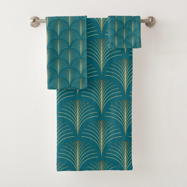 Art Deco Gold Fans on Turquoise Bath Towel Set (Insitu)