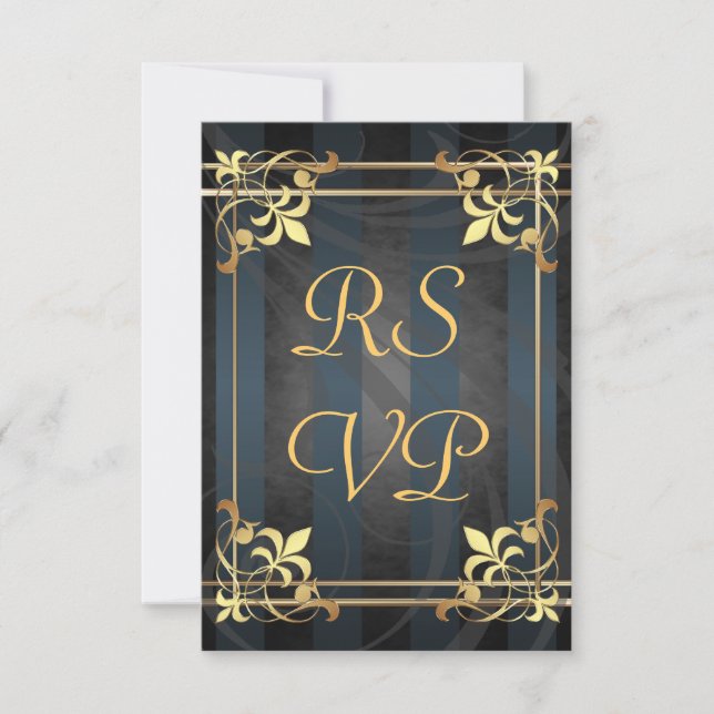 Art Deco Gold Filigree Black  Rsvp Card (Front)
