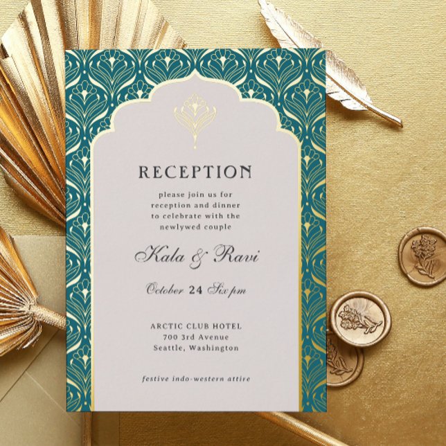 Art Deco Gold Floral Lotus Wedding Reception (art deco reception invitation, indian wedding invitation, hindu wedding invite, metallic gold foil)