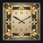 Art Deco Gold Flower Square Wall Clock<br><div class="desc">Great clock design. You will love it like others. Be free to use this design for other product you like or to customise and add your text. Follow me for more. Thank you. Have a nice day.</div>
