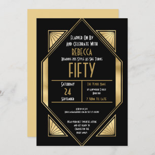 Art Deco Gold Frame 50th Birthday Black Invitation