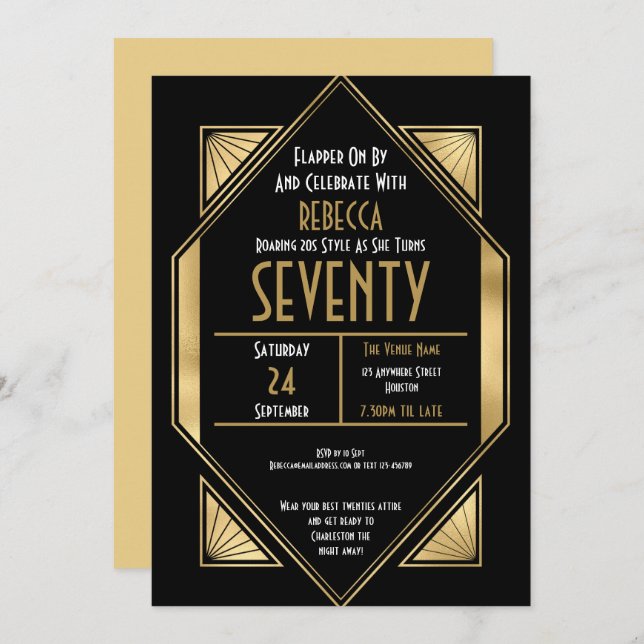 Art Deco Gold Frame 70th Birthday Party Black Invitation (Front/Back)