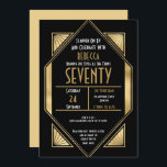 Art Deco Gold Frame 70th Birthday Party Black Invitation<br><div class="desc">Elegant Art Deco style to invite your guests to a roaring twenties evening with this stylish gold and black invitation for your 70th birthday party. On the front, the typography is within 1920s style frame and you can easily personalise the typography with your details. The reverse is in gold and...</div>