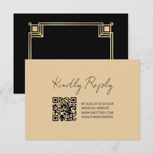 Art Deco Gold Frame QR Code Wedding Response Card (Front/Back)