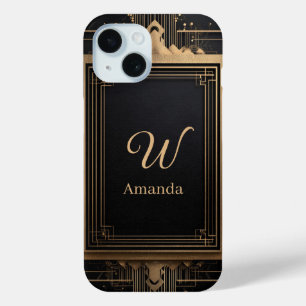 Art Deco Gold Frame with Custom Name and Initial iPhone 15 Case