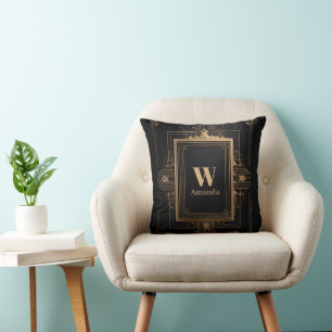 Art Deco Gold Frame with Custom Name and Initial Cushion