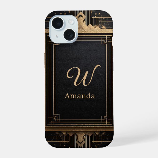 Art Deco Gold Frame with Custom Name and Initial iPhone 15 Case (Back)