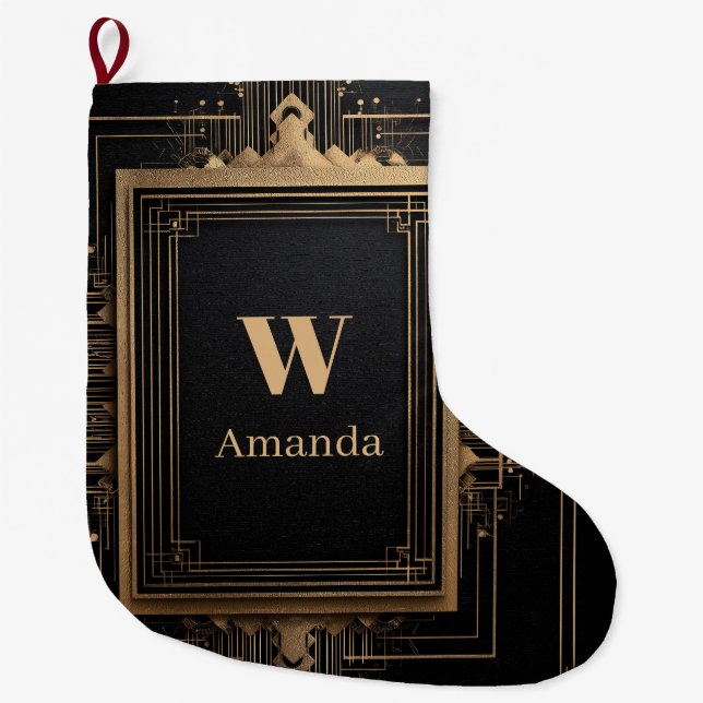 Art Deco Gold Frame with Custom Name and Initial Large Christmas Stocking (Front)