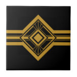 Art Deco Gold Geometric Border Black Tile<br><div class="desc">Crisp art deco style gold geometric detail ornament decorative border ceramic tile on a black background. Please note that gold is a mustard yellow flat colour print and is not an actual gold colour. Crisp and original design,  perfect for modern or art deco vintage style interior.</div>