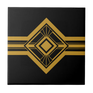 Art Deco Gold Geometric Border Black Tile