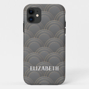 Art Deco Gold Grey Name Personalised Custom iPhone 11 Case