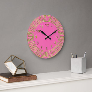 Art Deco Gold Hot Pink Greek Key Border DIY BG Large Clock