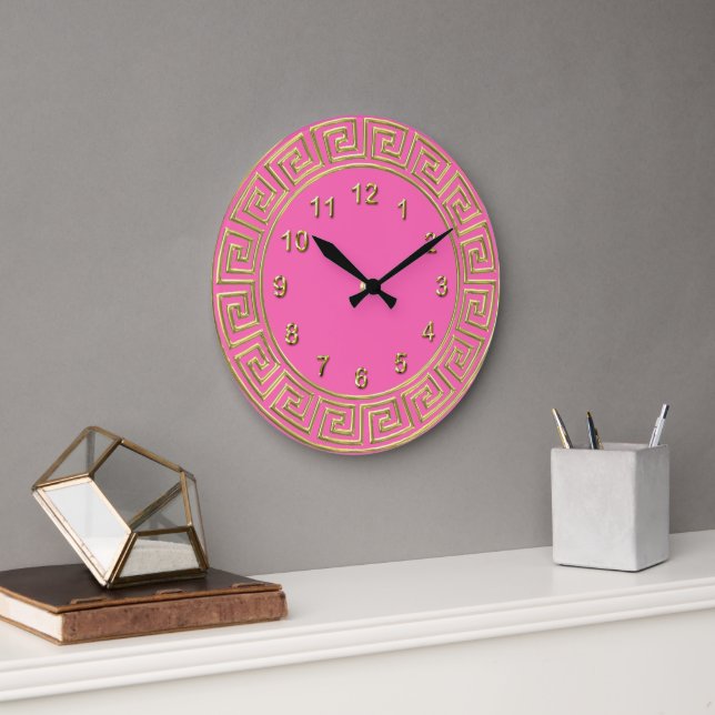 Art Deco Gold Hot Pink Greek Key Border DIY BG Large Clock (Office)