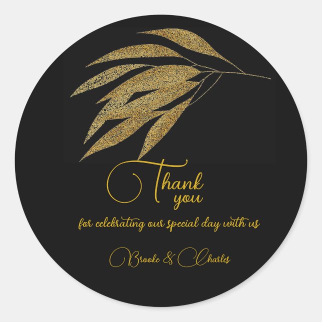 Art Deco Gold Leaves Black Stripes Wedding Classic Round Sticker (Front)