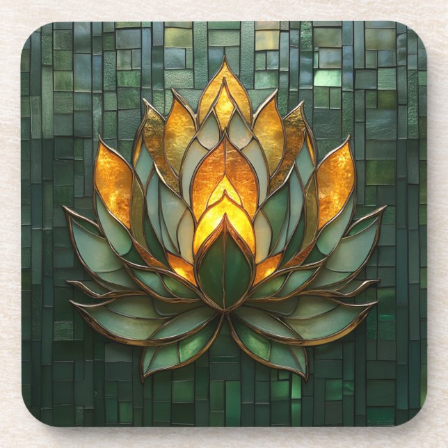 Art Deco Gold Lotus Green Tilework Print Coaster (Front)
