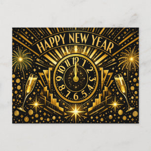 Art Deco Gold Midnight Clock Celebration Holiday Postcard