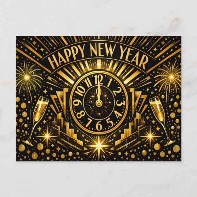 Art Deco Gold Midnight Clock Celebration Holiday Postcard (Front)