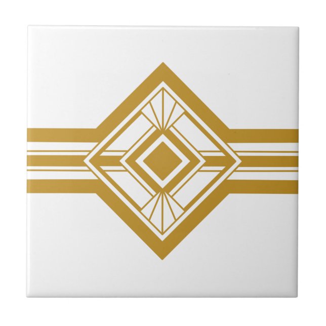 Art Deco Gold Mustard Yellow Geometric Border Tile (Front)