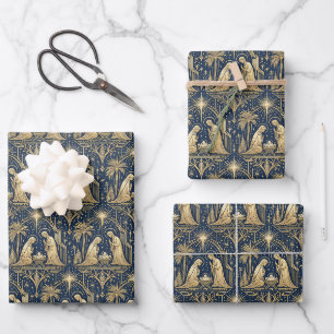 Art Deco Gold Nativity Pattern on Navy Wrapping Paper Sheet