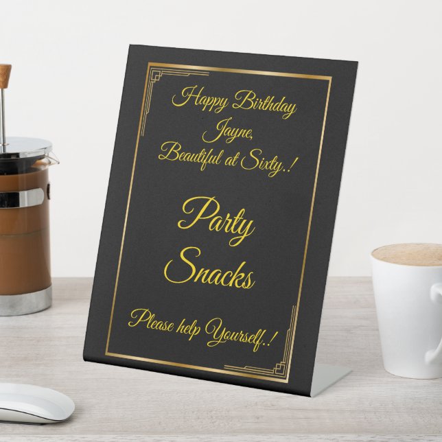 Art Deco Gold on Black Birthday Party Snacks  Pedestal Sign (In SItu)