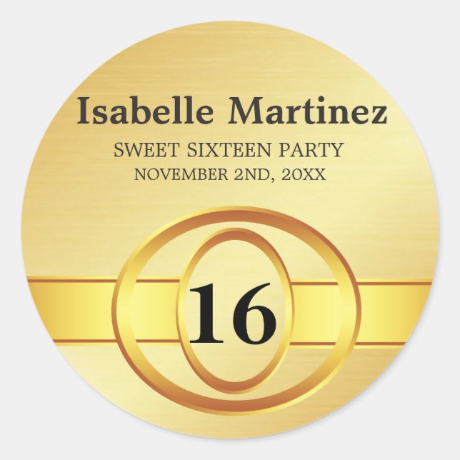Art Deco Gold Personalised Sweet 16 Sticker (Front)