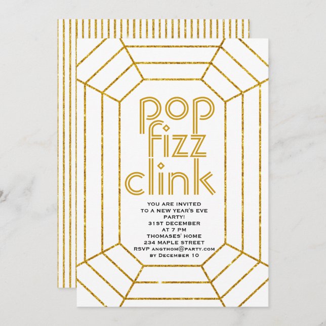 Art Deco gold pop fizz clink New Year's Eve party Invitation (Front/Back)