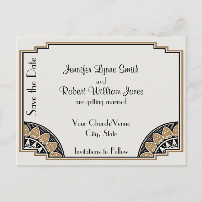 Art Deco Gold Posh Save the Date Postcard (Front)