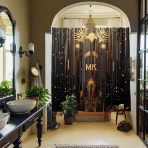 Art Deco Gold Rain Egyptian Art Black Monogrammed  Shower Curtain