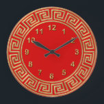 Art Deco Gold Red Greek Key Border Gold Markers Large Clock<br><div class="desc">Art-Deco Gold Red Greek Key Border,  Gold Markers Wall Clock  ========

 A classic art deco gold colour border on a red background.  The numeral markers are also in gold.</div>