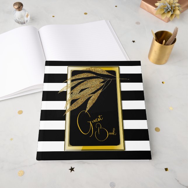 Art Deco Gold Roses Leaves Black Stripes Wedding Guest Book (Front Open)